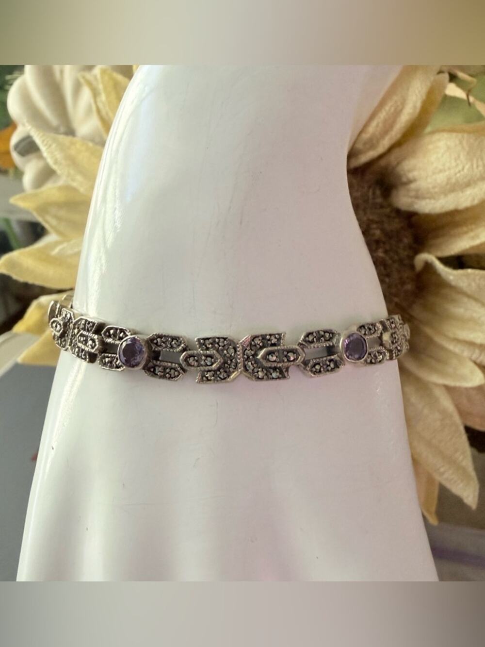 Vintage  925 sterling silver Bracelet amethyst gemstones marcasite Art Deco